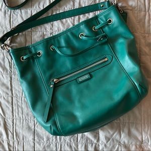 Coach Green Leather Handle and Strap Bucket Drawstring Bag